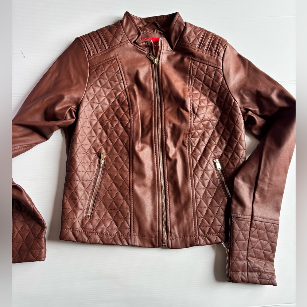 Guess Iden Quilted Faux-Leather Brown Jacket Size Medium like new
